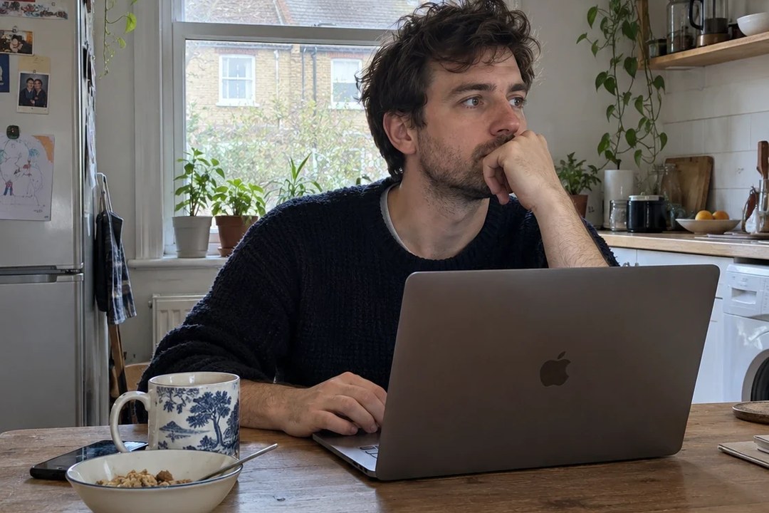 A man at his laptop, distracted, his phone face down on the table
