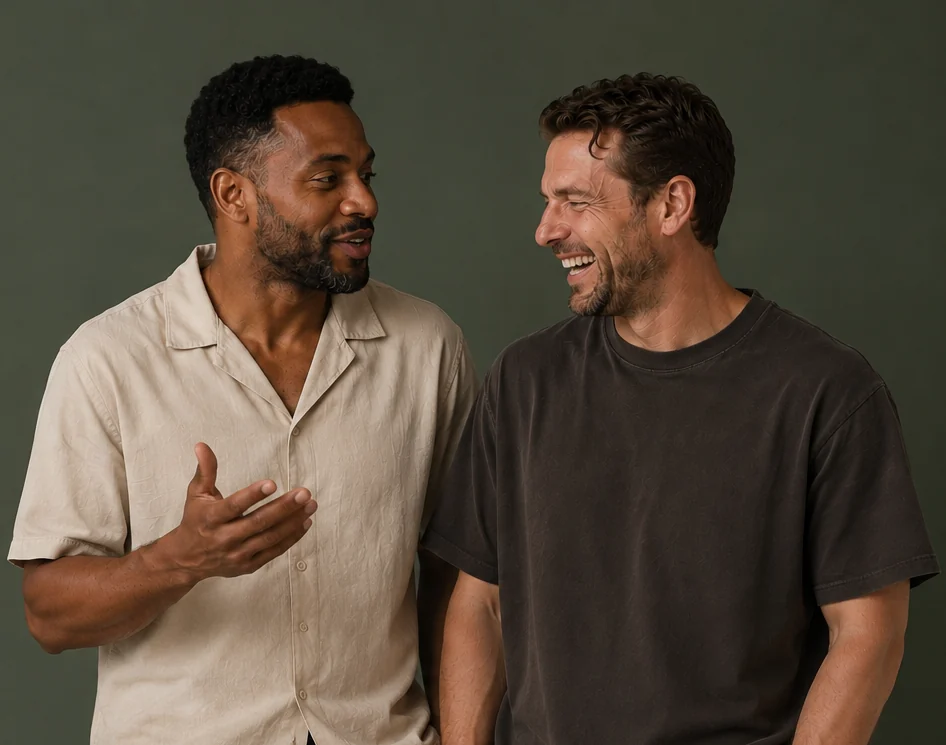 Two men talking and laughing together