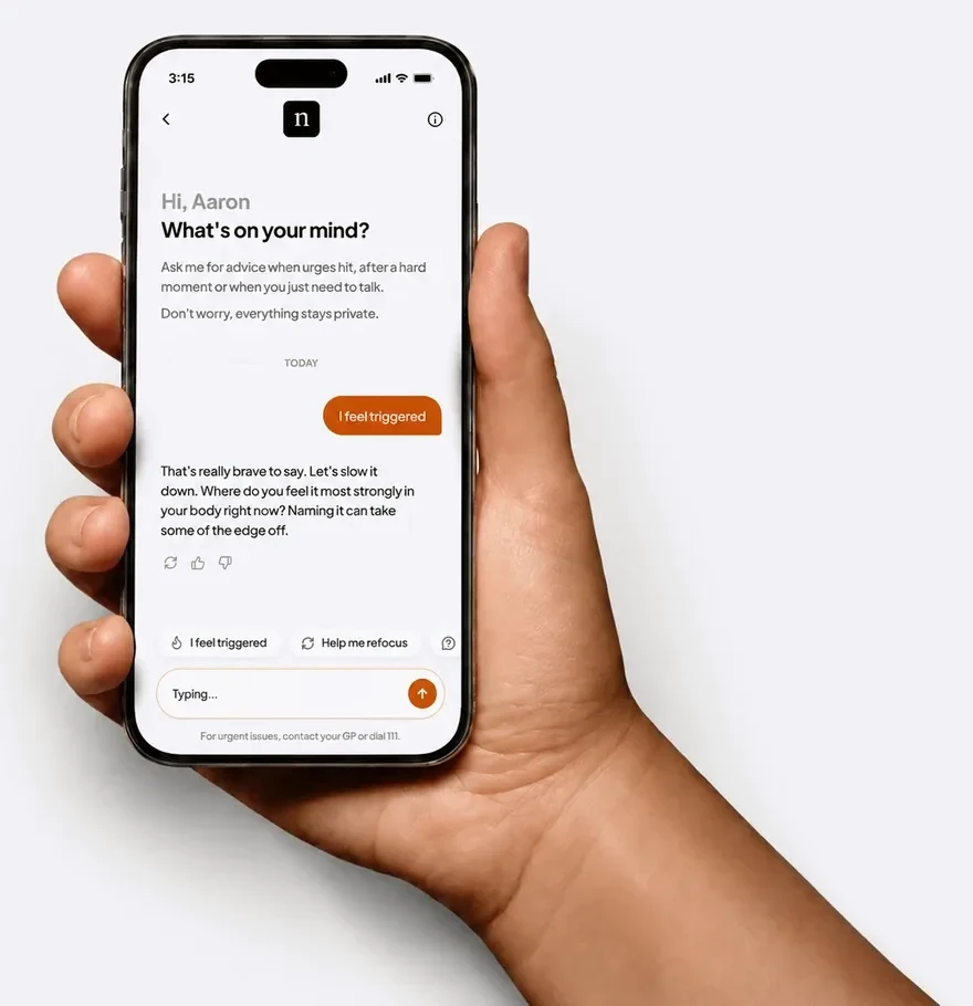 A hand holding a phone showing a conversation with Norm