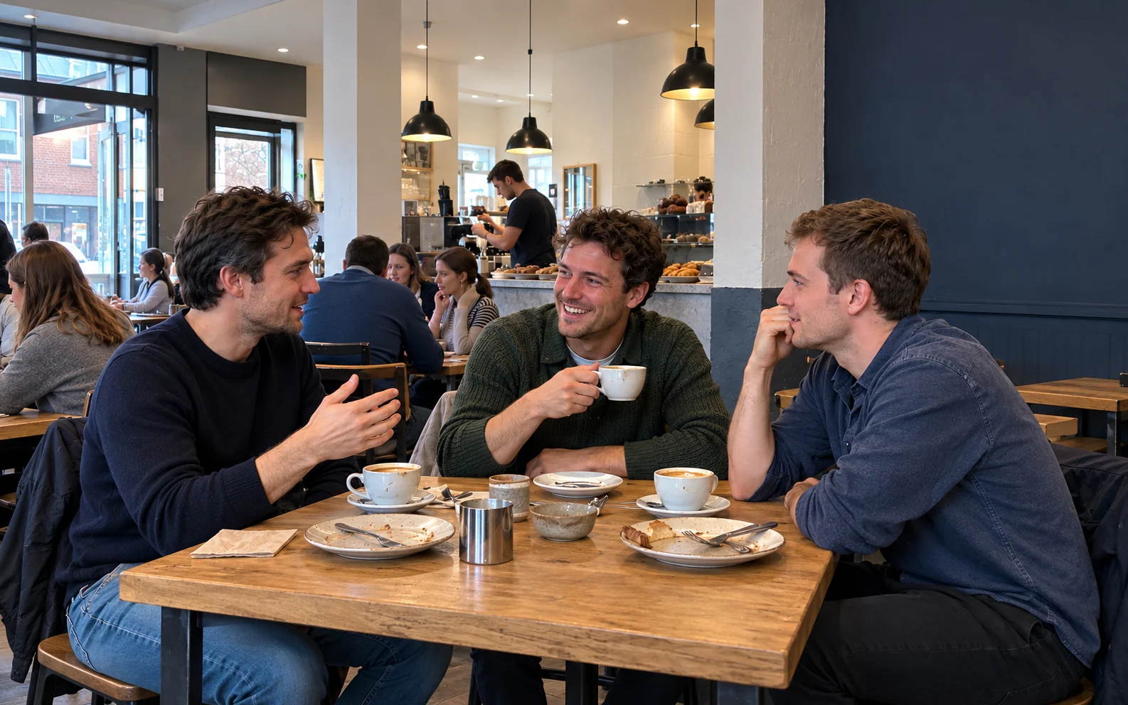 Three friends talking over coffee in a cafe